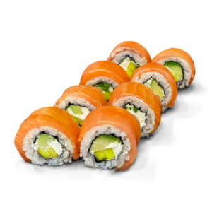 Uramaki roll with salmon and mango